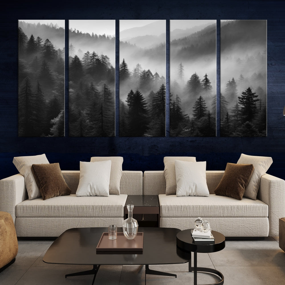 Foggy Forest Wall Art, Black and White Landscape Canvas Print, Nordic Nature Wall Decor, Set of Print