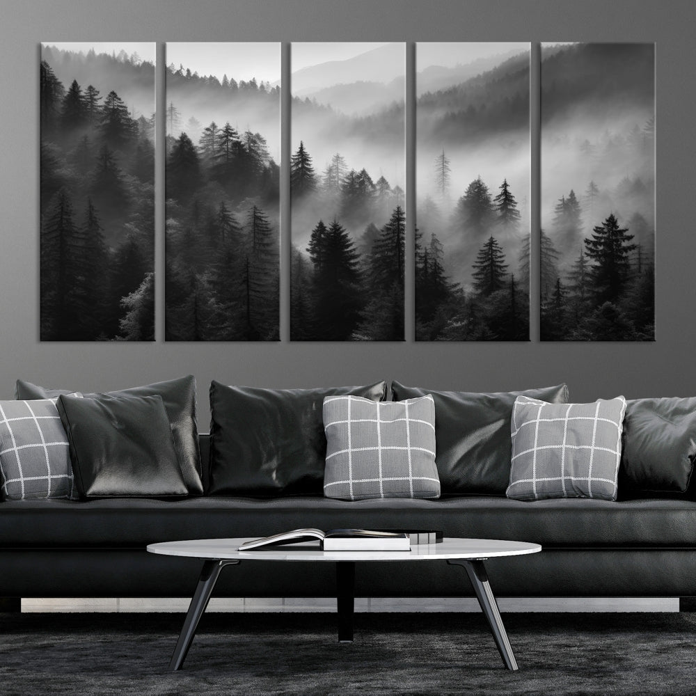 Foggy Forest Wall Art, Black and White Landscape Canvas Print, Nordic Nature Wall Decor, Set of Print