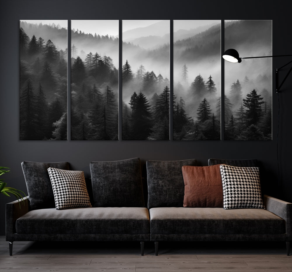 Foggy Forest Wall Art, Black and White Landscape Canvas Print, Nordic Nature Wall Decor, Set of Print