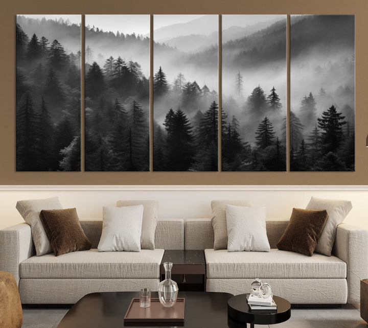 Foggy Forest Wall Art, Black and White Landscape Canvas Print, Nordic Nature Wall Decor, Set of Print