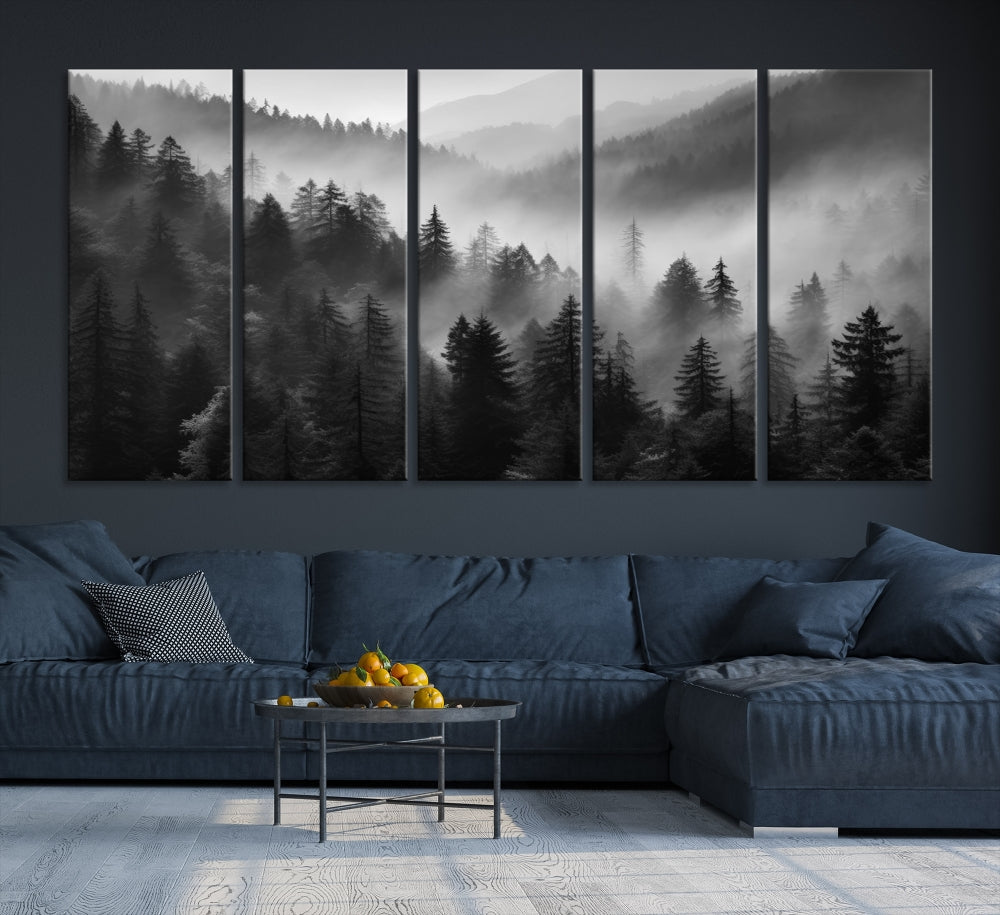 Foggy Forest Wall Art, Black and White Landscape Canvas Print, Nordic Nature Wall Decor, Set of Print