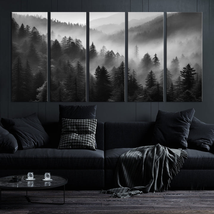 Foggy Forest Wall Art, Black and White Landscape Canvas Print, Nordic Nature Wall Decor, Set of Print