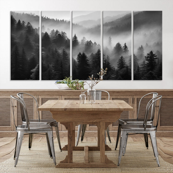 Foggy Forest Wall Art, Black and White Landscape Canvas Print, Nordic Nature Wall Decor, Set of Print