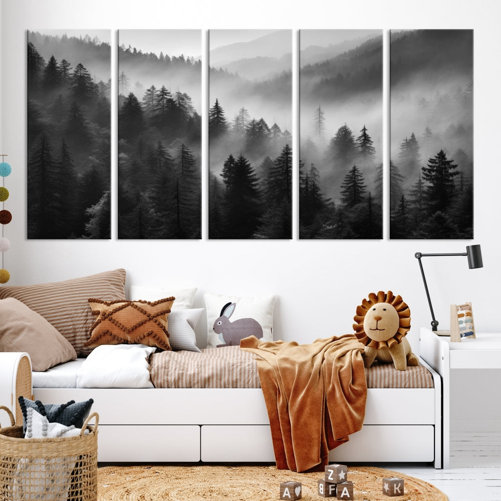 Foggy Forest Wall Art, Black and White Landscape Canvas Print, Nordic Nature Wall Decor, Set of Print