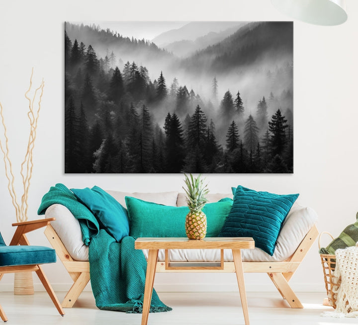 Foggy Forest Wall Art, Black and White Landscape Canvas Print, Nordic Nature Wall Decor, Set of Print