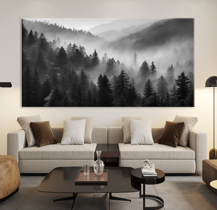 Foggy Forest Wall Art, Black and White Landscape Canvas Print, Nordic Nature Wall Decor, Set of Print