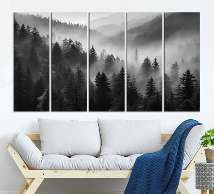 Foggy Forest Wall Art, Black and White Landscape Canvas Print, Nordic Nature Wall Decor, Set of Print