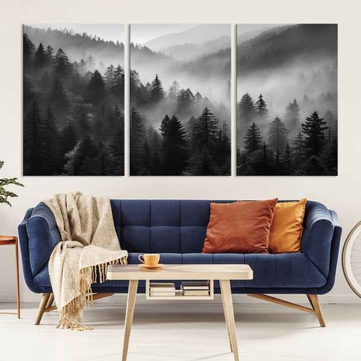 Foggy Forest Wall Art, Black and White Landscape Canvas Print, Nordic Nature Wall Decor, Set of Print