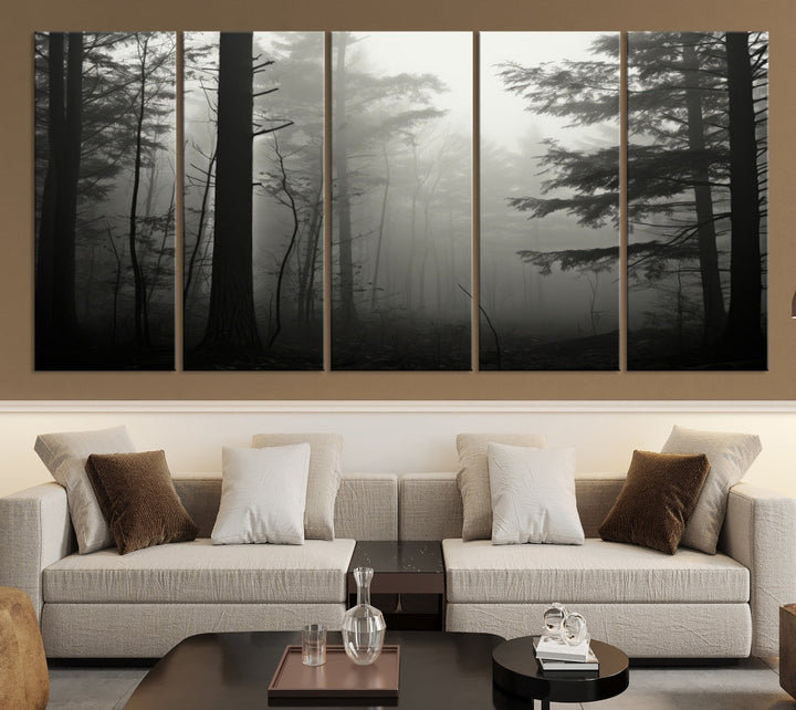 Foggy Forest Wall Art, Set of Nature Canvas, Pine Tree Forest Printed, Misty Landscape, Living Room Decor