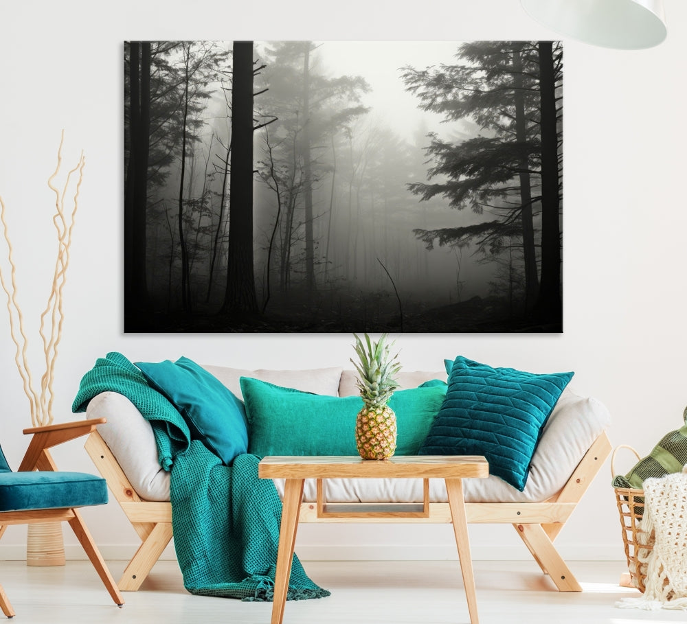 Foggy Forest Wall Art, Set of Nature Canvas, Pine Tree Forest Printed, Misty Landscape, Living Room Decor