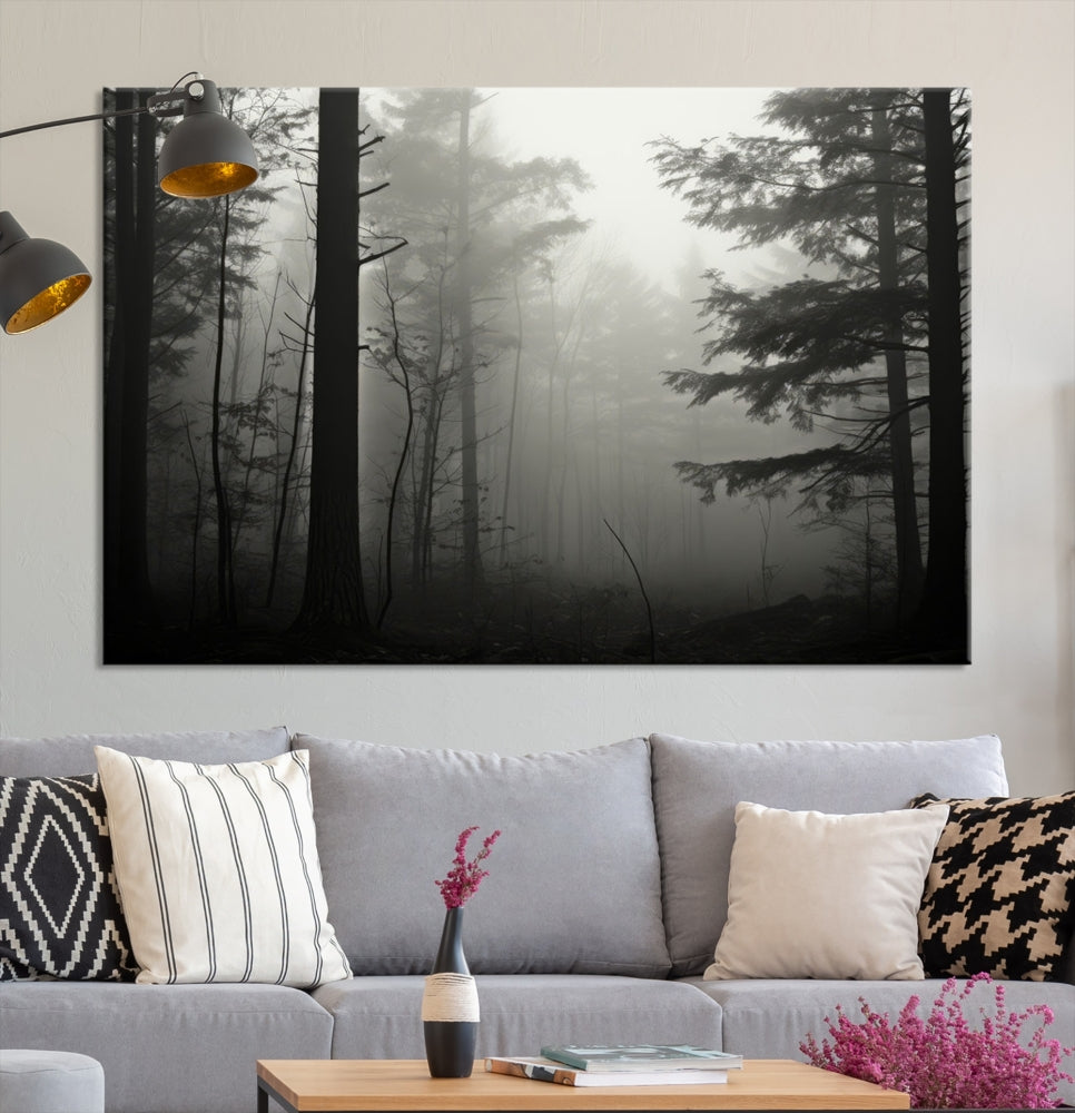 Foggy Forest Wall Art, Set of Nature Canvas, Pine Tree Forest Printed, Misty Landscape, Living Room Decor