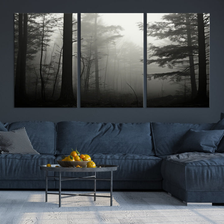 Foggy Forest Wall Art, Set of Nature Canvas, Pine Tree Forest Printed, Misty Landscape, Living Room Decor