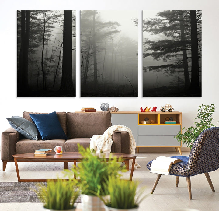 Foggy Forest Wall Art, Set of Nature Canvas, Pine Tree Forest Printed, Misty Landscape, Living Room Decor