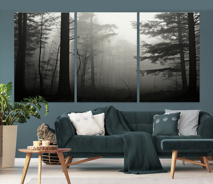 Foggy Forest Wall Art, Set of Nature Canvas, Pine Tree Forest Printed, Misty Landscape, Living Room Decor