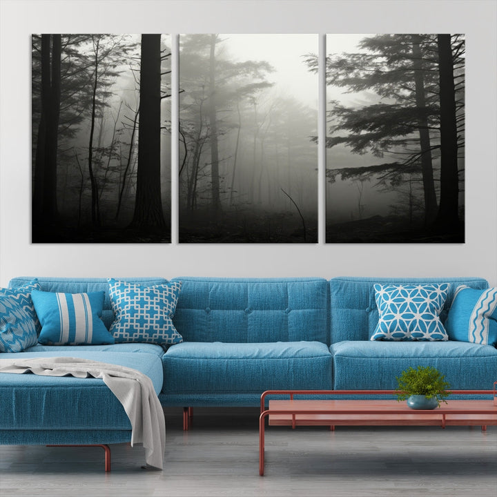 Foggy Forest Wall Art, Set of Nature Canvas, Pine Tree Forest Printed, Misty Landscape, Living Room Decor