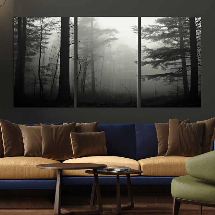 Foggy Forest Wall Art, Set of Nature Canvas, Pine Tree Forest Printed, Misty Landscape, Living Room Decor