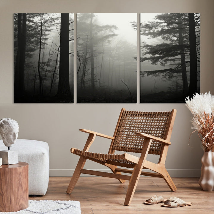 Foggy Forest Wall Art, Set of Nature Canvas, Pine Tree Forest Printed, Misty Landscape, Living Room Decor