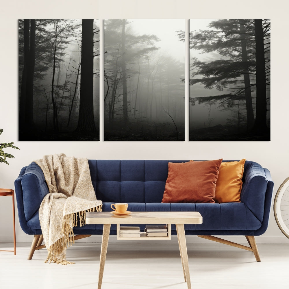 Foggy Forest Wall Art, Set of Nature Canvas, Pine Tree Forest Printed, Misty Landscape, Living Room Decor