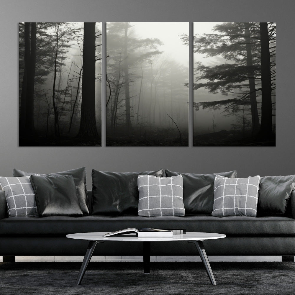 Foggy Forest Wall Art, Set of Nature Canvas, Pine Tree Forest Printed, Misty Landscape, Living Room Decor