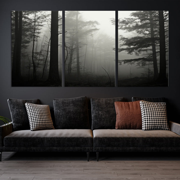 Foggy Forest Wall Art, Set of Nature Canvas, Pine Tree Forest Printed, Misty Landscape, Living Room Decor