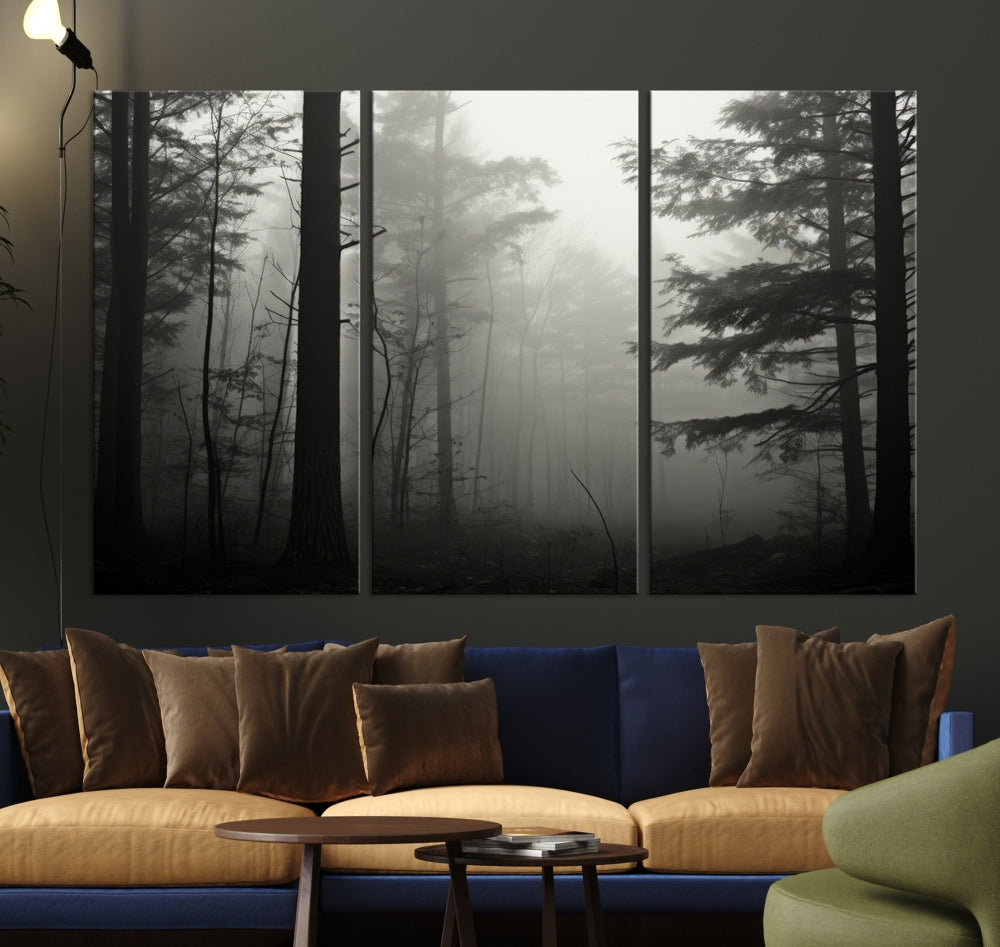 Foggy Forest Wall Art, Set of Nature Canvas, Pine Tree Forest Printed, Misty Landscape, Living Room Decor