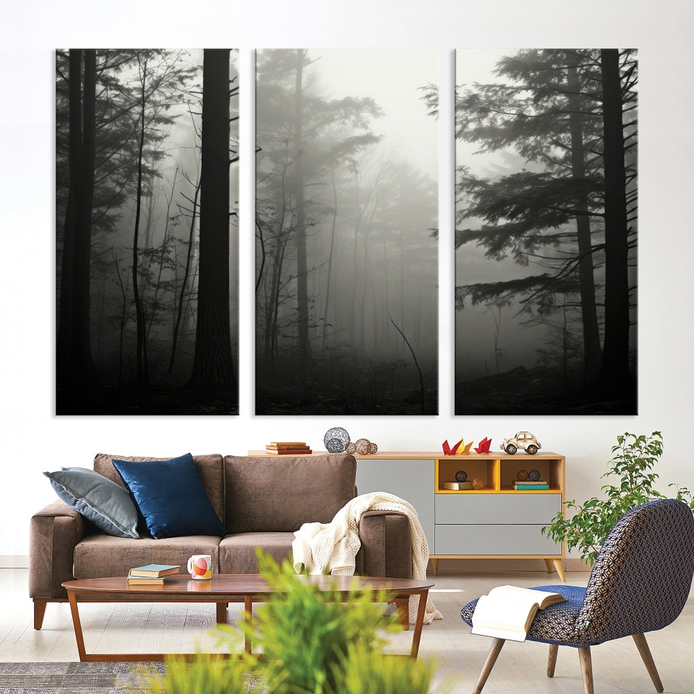 Foggy Forest Wall Art, Set of Nature Canvas, Pine Tree Forest Printed, Misty Landscape, Living Room Decor