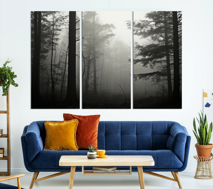 Foggy Forest Wall Art, Set of Nature Canvas, Pine Tree Forest Printed, Misty Landscape, Living Room Decor