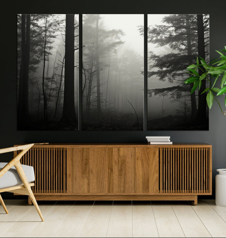 Foggy Forest Wall Art, Set of Nature Canvas, Pine Tree Forest Printed, Misty Landscape, Living Room Decor