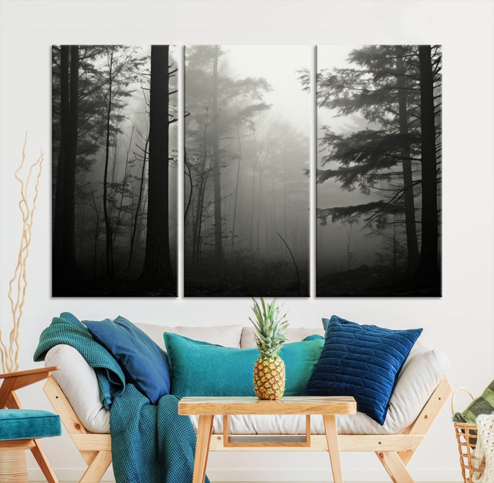 Foggy Forest Wall Art, Set of Nature Canvas, Pine Tree Forest Printed, Misty Landscape, Living Room Decor