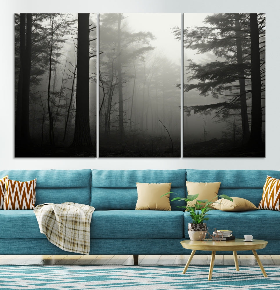 Foggy Forest Wall Art, Set of Nature Canvas, Pine Tree Forest Printed, Misty Landscape, Living Room Decor