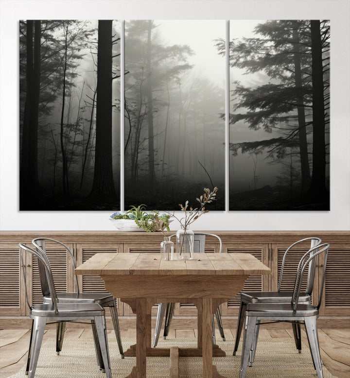 Foggy Forest Wall Art, Set of Nature Canvas, Pine Tree Forest Printed, Misty Landscape, Living Room Decor