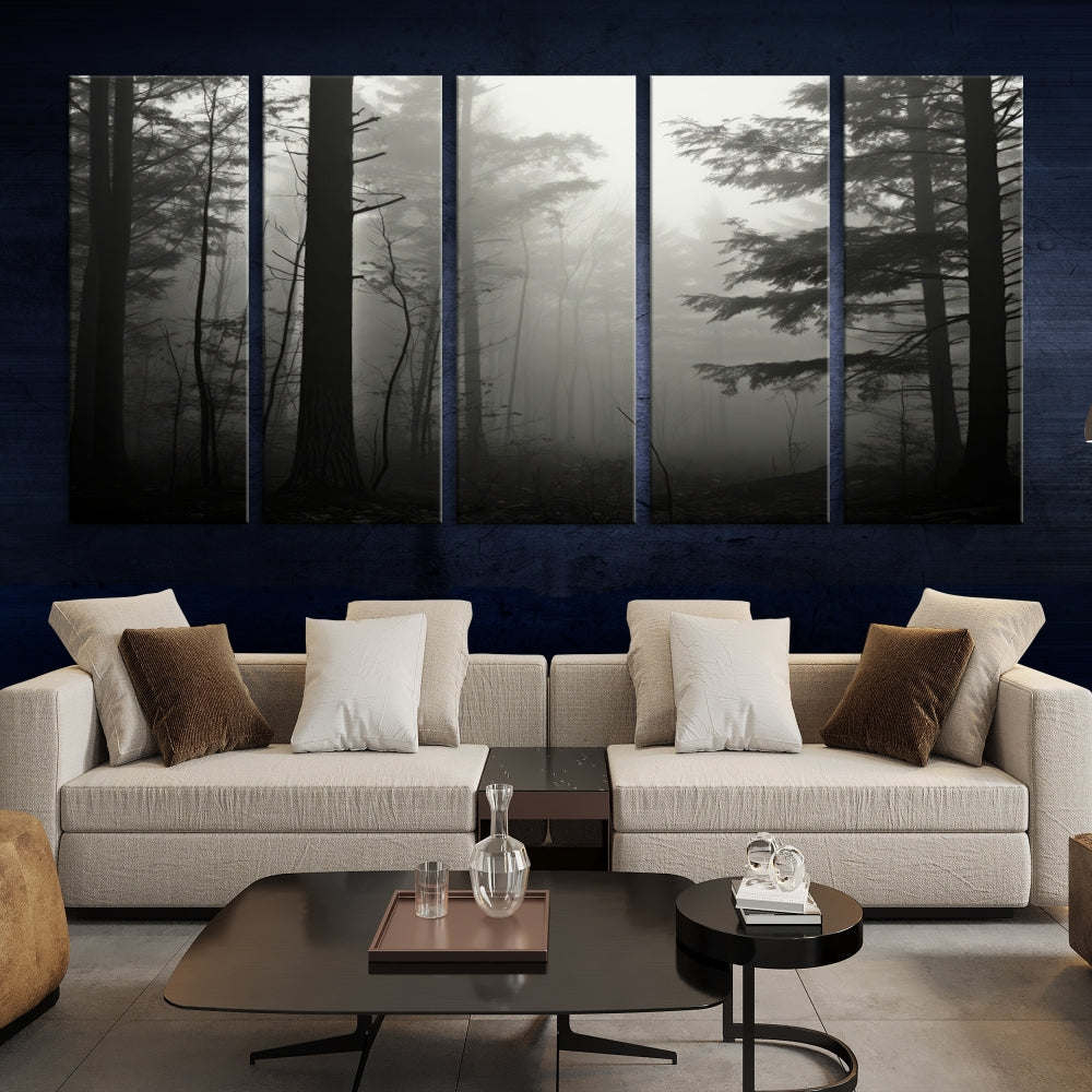 Foggy Forest Wall Art, Set of Nature Canvas, Pine Tree Forest Printed, Misty Landscape, Living Room Decor