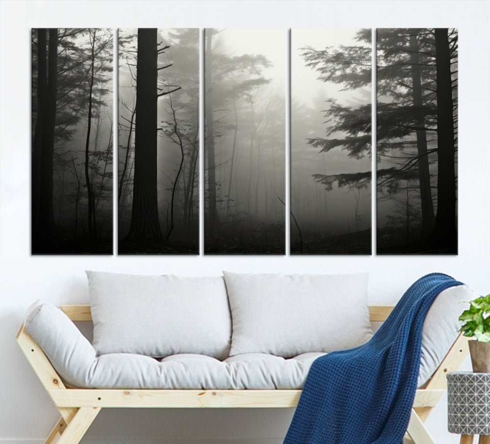 Foggy Forest Wall Art, Set of Nature Canvas, Pine Tree Forest Printed, Misty Landscape, Living Room Decor