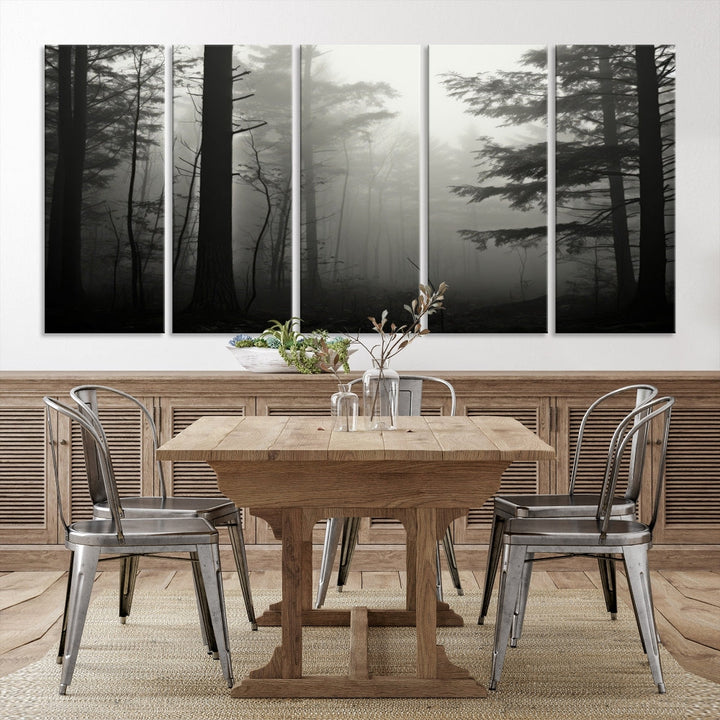 Foggy Forest Wall Art, Set of Nature Canvas, Pine Tree Forest Printed, Misty Landscape, Living Room Decor