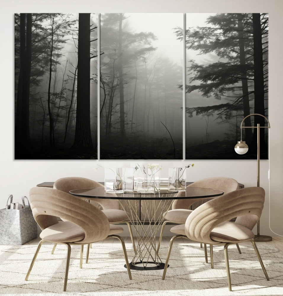 Foggy Forest Wall Art, Set of Nature Canvas, Pine Tree Forest Printed, Misty Landscape, Living Room Decor