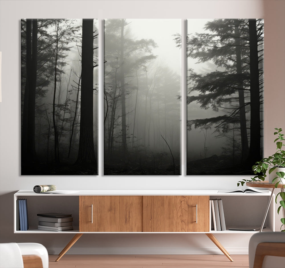 Foggy Forest Wall Art, Set of Nature Canvas, Pine Tree Forest Printed, Misty Landscape, Living Room Decor