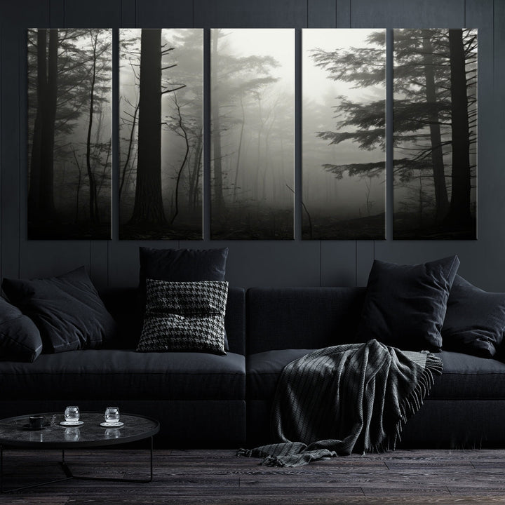 Foggy Forest Wall Art, Set of Nature Canvas, Pine Tree Forest Printed, Misty Landscape, Living Room Decor