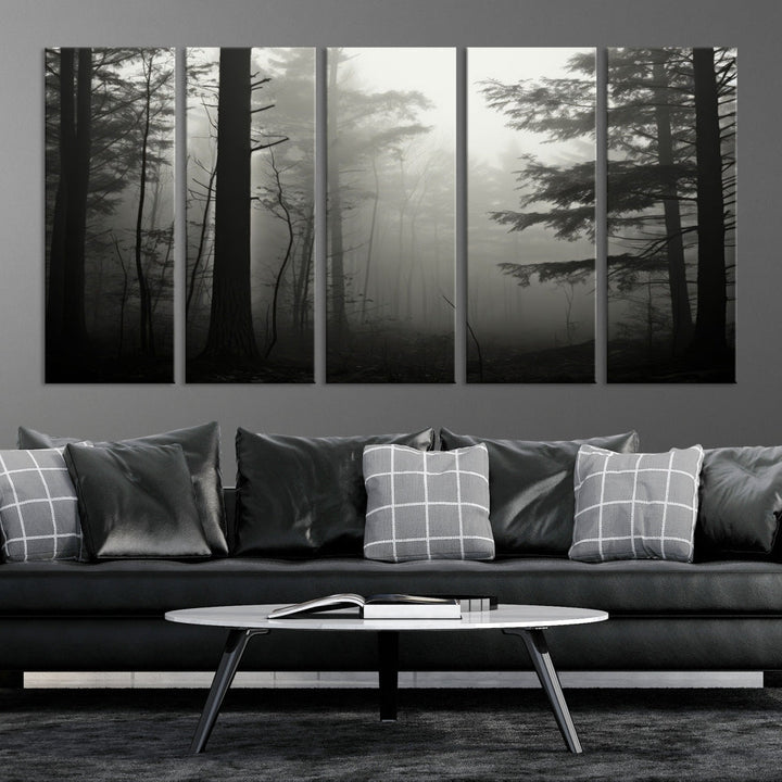 Foggy Forest Wall Art, Set of Nature Canvas, Pine Tree Forest Printed, Misty Landscape, Living Room Decor