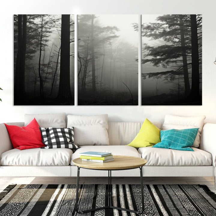 Foggy Forest Wall Art, Set of Nature Canvas, Pine Tree Forest Printed, Misty Landscape, Living Room Decor