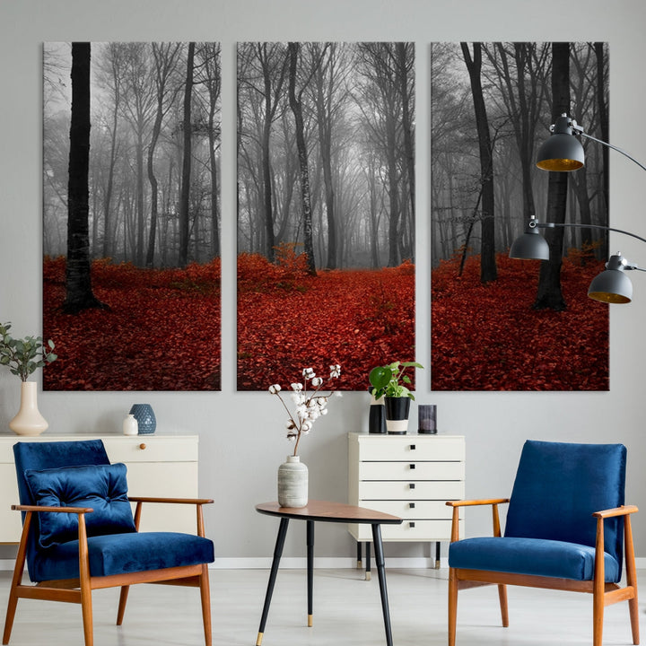 Foggy Forest with Red Leaves Autumn Landscape Giclee Canvas Extra Large Wall Art Print