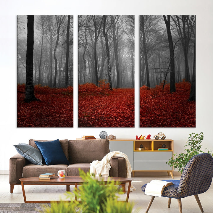 Foggy Forest with Red Leaves Autumn Landscape Giclee Canvas Extra Large Wall Art Print