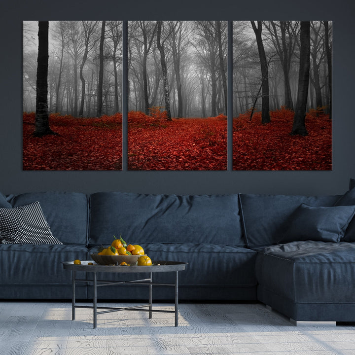 Foggy Forest with Red Leaves Autumn Landscape Giclee Canvas Extra Large Wall Art Print