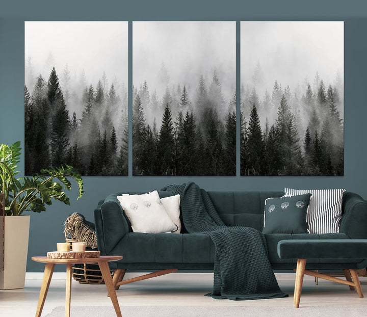 Foggy Landscape Misty Pine Forest Nordic Mountain Wall Art Canvas Print