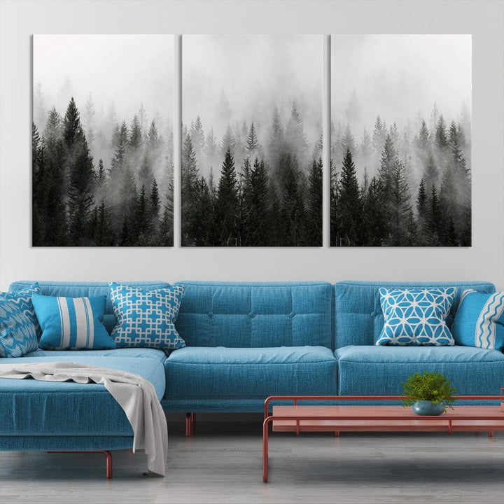 Foggy Landscape Misty Pine Forest Nordic Mountain Wall Art Canvas Print