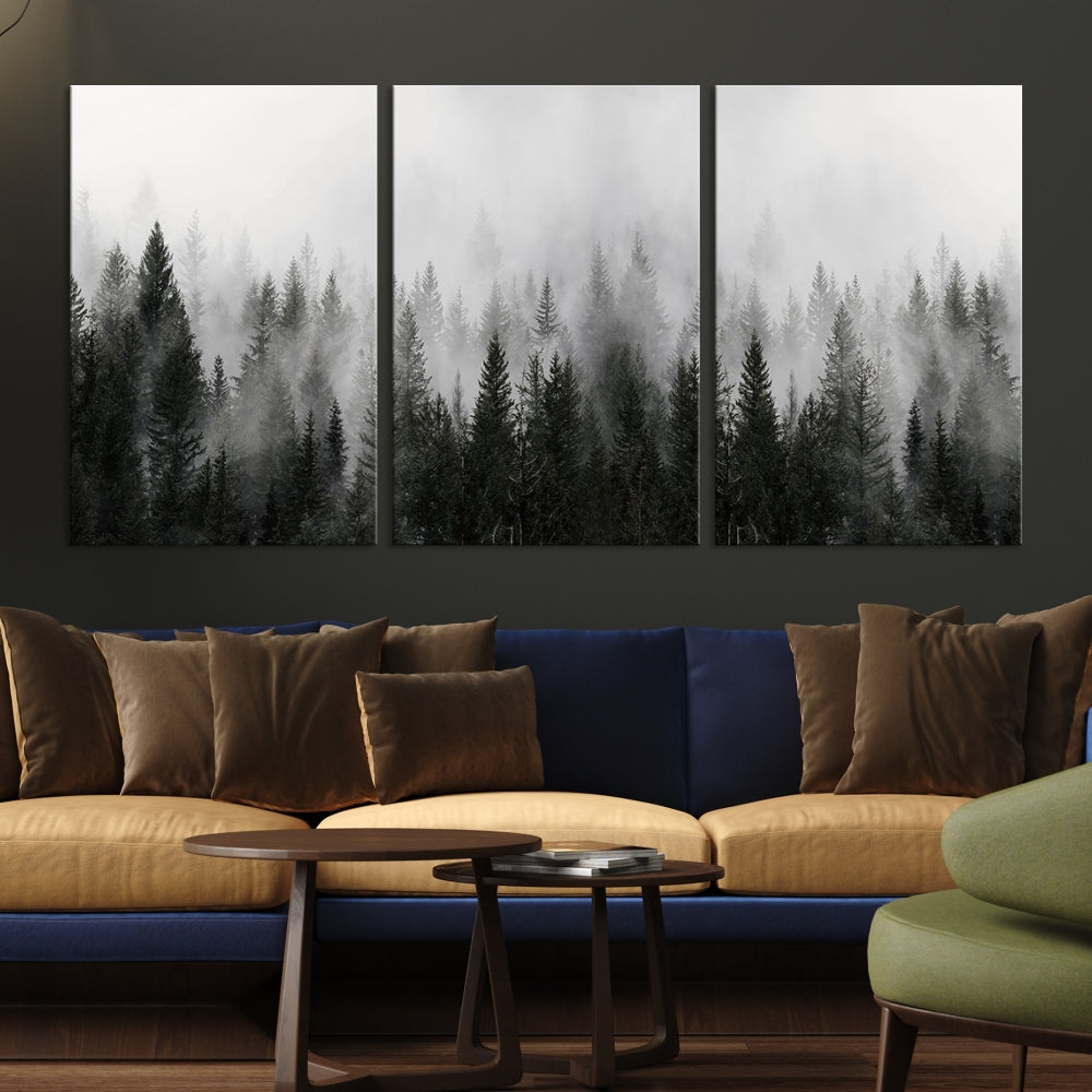 Foggy Landscape Misty Pine Forest Nordic Mountain Wall Art Canvas Print