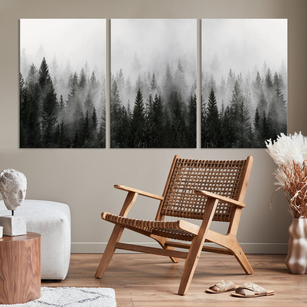 Foggy Landscape Misty Pine Forest Nordic Mountain Wall Art Canvas Print