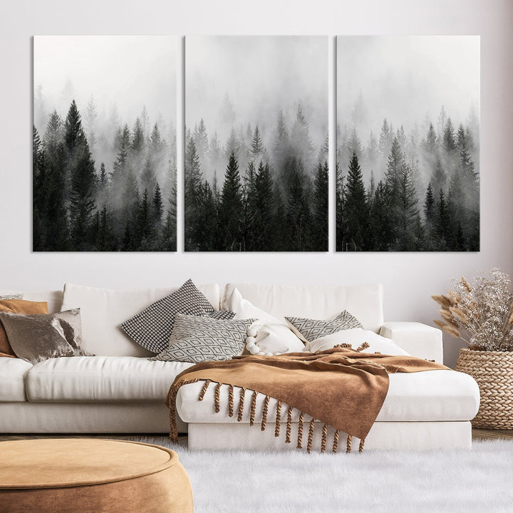 Foggy Landscape Misty Pine Forest Nordic Mountain Wall Art Canvas Print