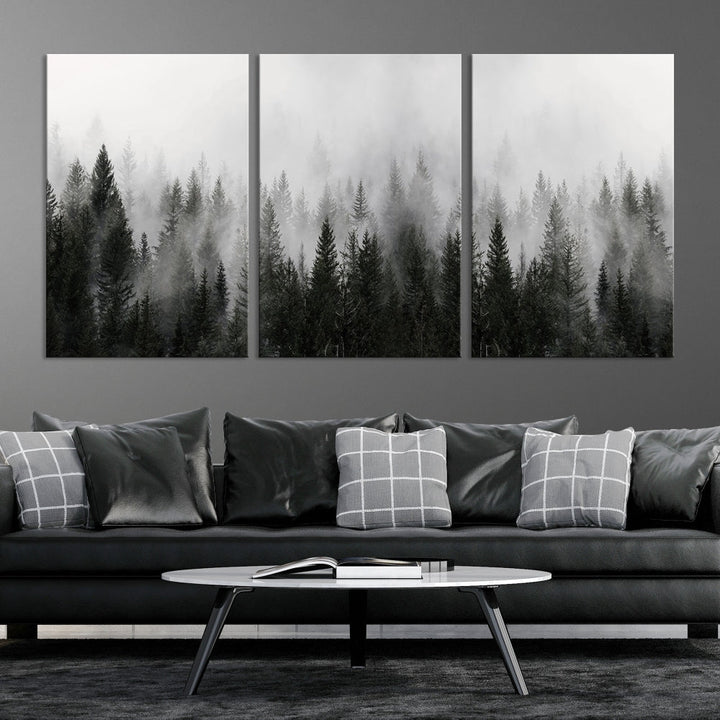 Foggy Landscape Misty Pine Forest Nordic Mountain Wall Art Canvas Print