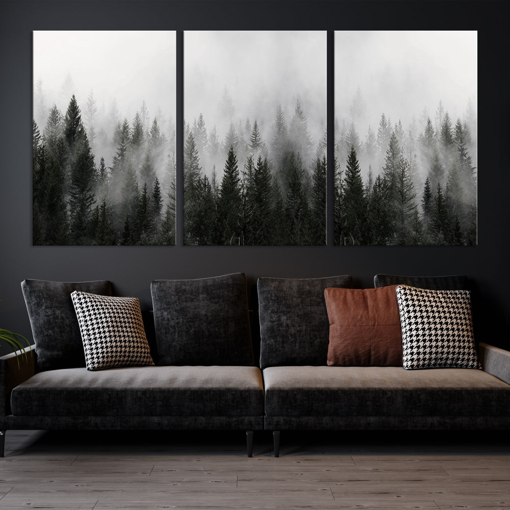 Foggy Landscape Misty Pine Forest Nordic Mountain Wall Art Canvas Print