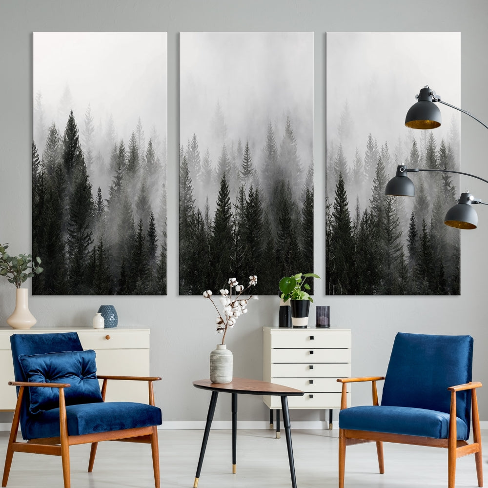 Foggy Landscape Misty Pine Forest Nordic Mountain Wall Art Canvas Print